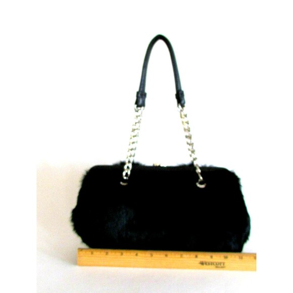 Women's Fur Bag's Designer Michael Kors Black Rabbit Fur Silver Tone Chain Strap - Picture 11 of 14
